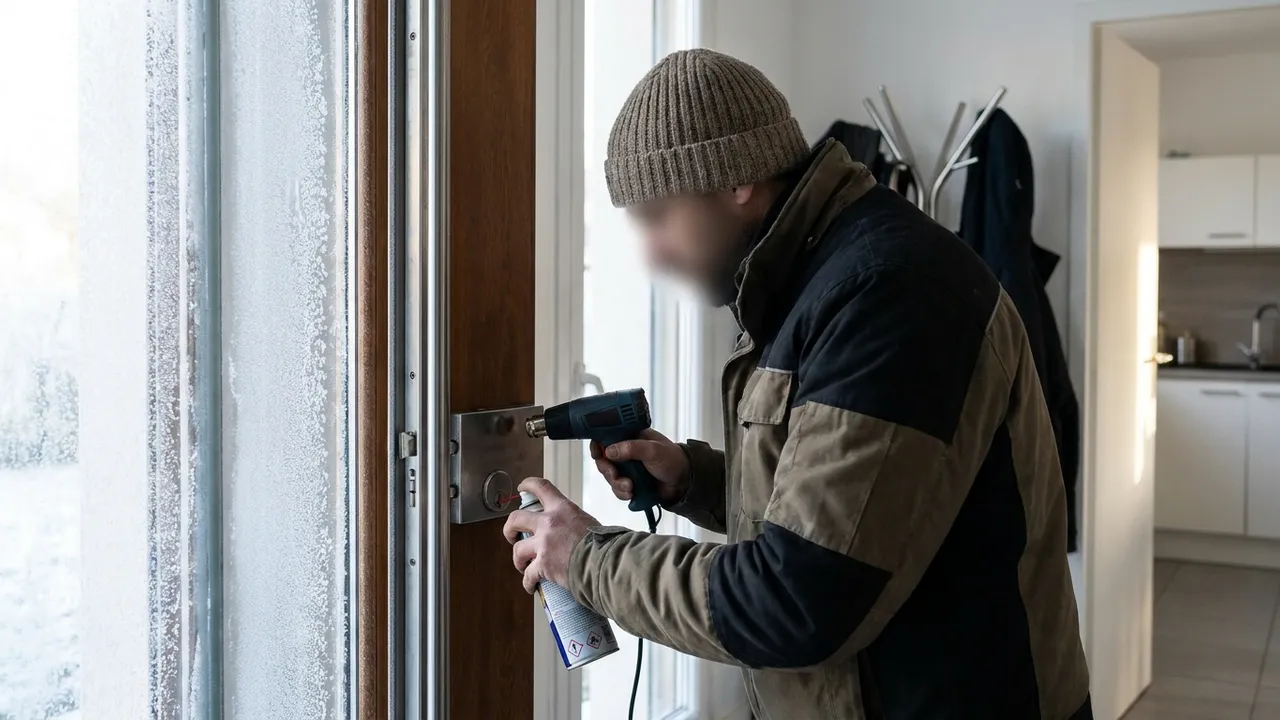 Portail givré d'un pavillon de Bondoufle un matin d'hiver, cadenas couvert de gel